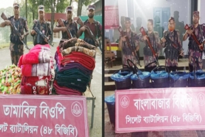 সিলেট সীমান্তে গরু-ফুচকা-কম্বল-জুসসহ ২২ লাখ টাকার পণ্য জব্দ